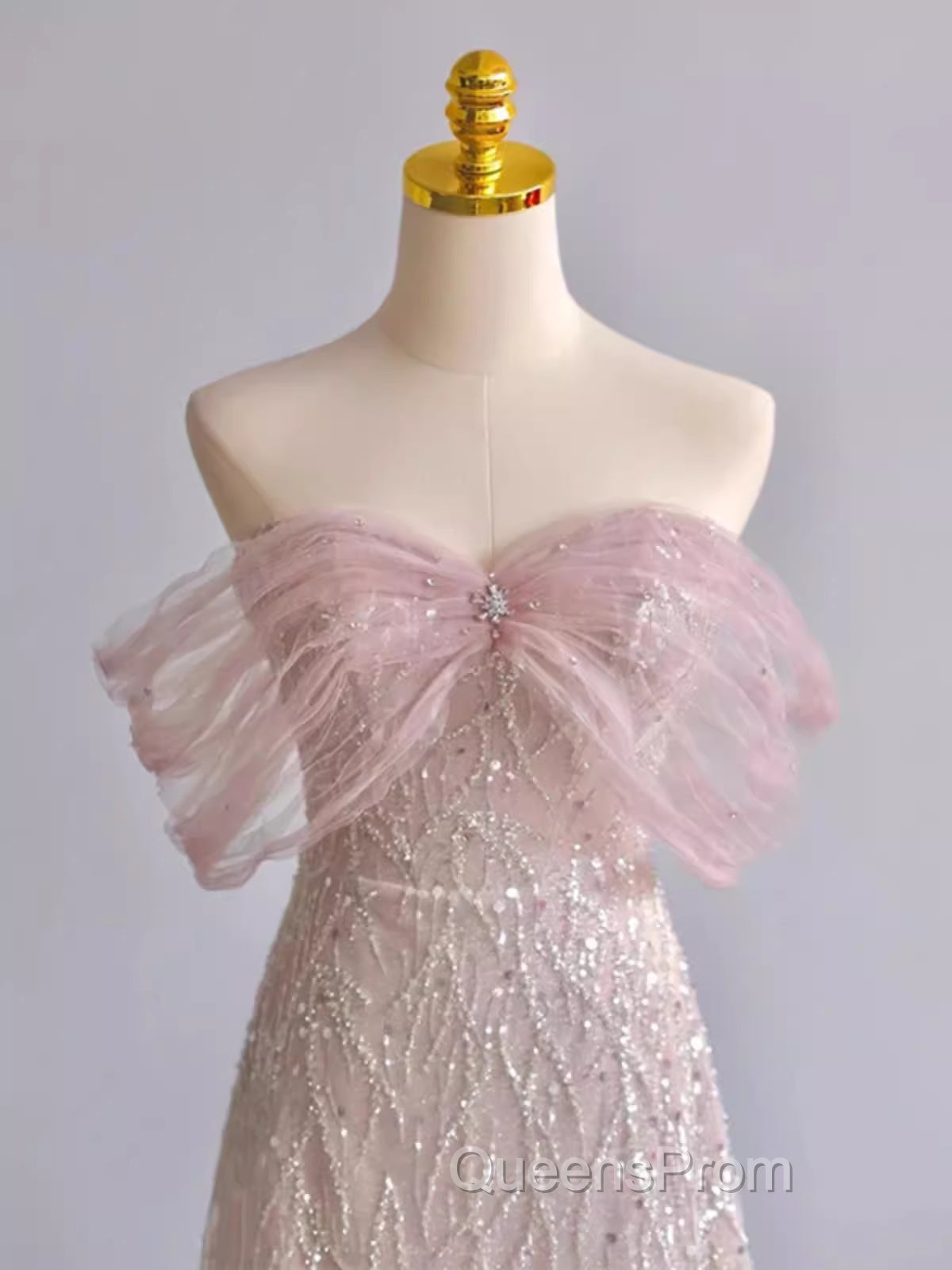 Pretty A Line Off The Shoulder Pink Sequin Long Evening Party Dress Evening Prom Dress With Beads