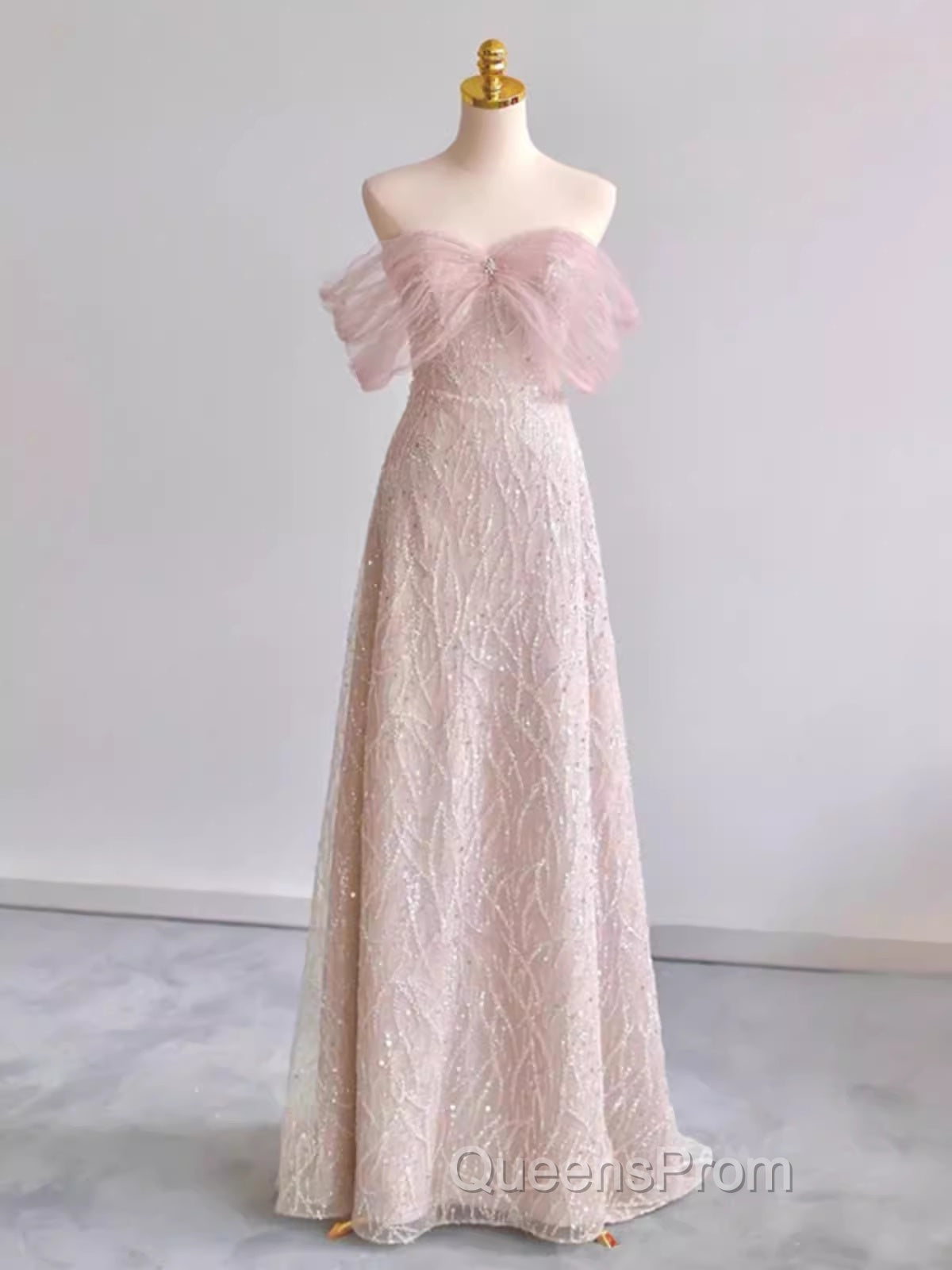 Pretty A Line Off The Shoulder Pink Sequin Long Evening Party Dress Evening Prom Dress With Beads