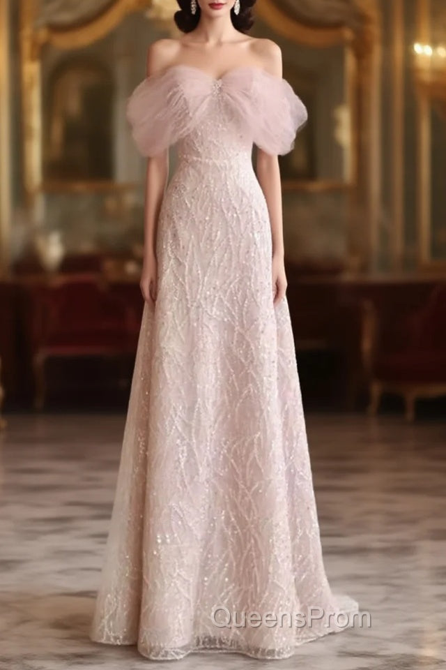 Pretty A Line Off The Shoulder Pink Sequin Long Evening Party Dress Evening Prom Dress With Beads