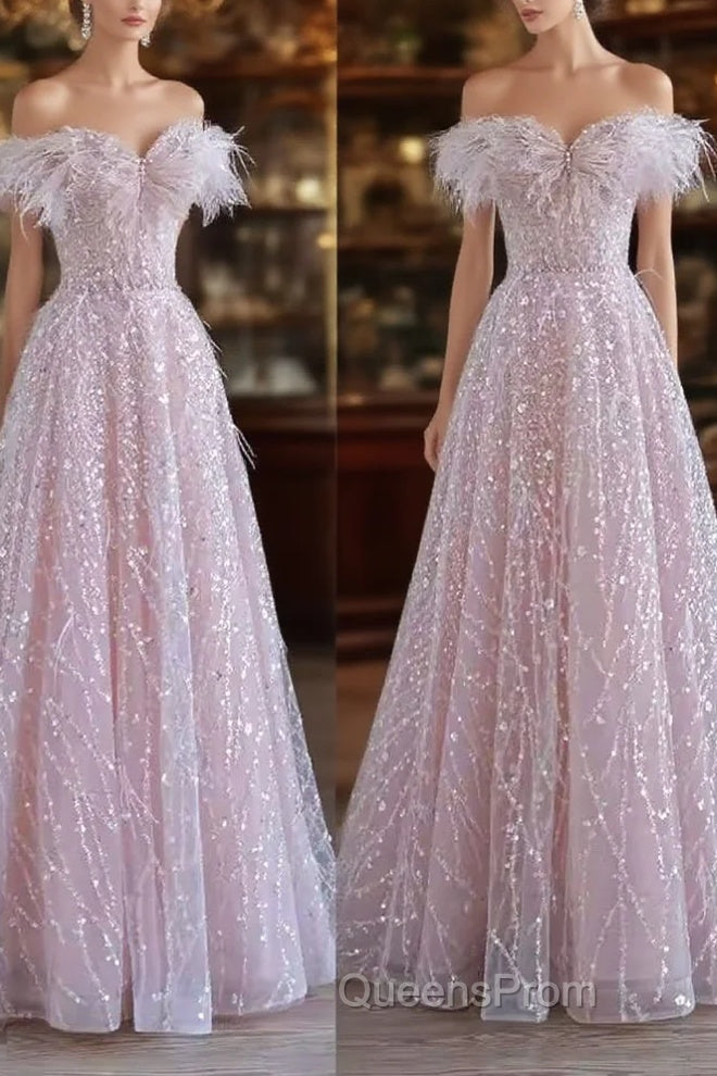 Pretty A Line Off The Shoulder Pink Sequin Long Evening Party Dress Evening Prom Dress Main image
