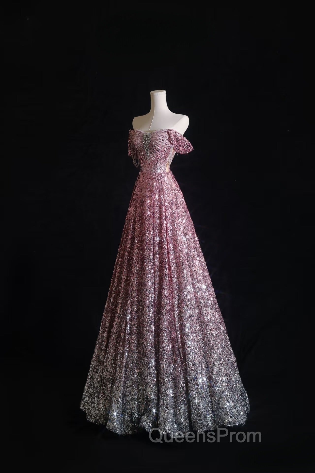 Pretty A Line Off The Shoulder Pink Sequin Long Evening Prom Dress Evening Gowns Secondary image