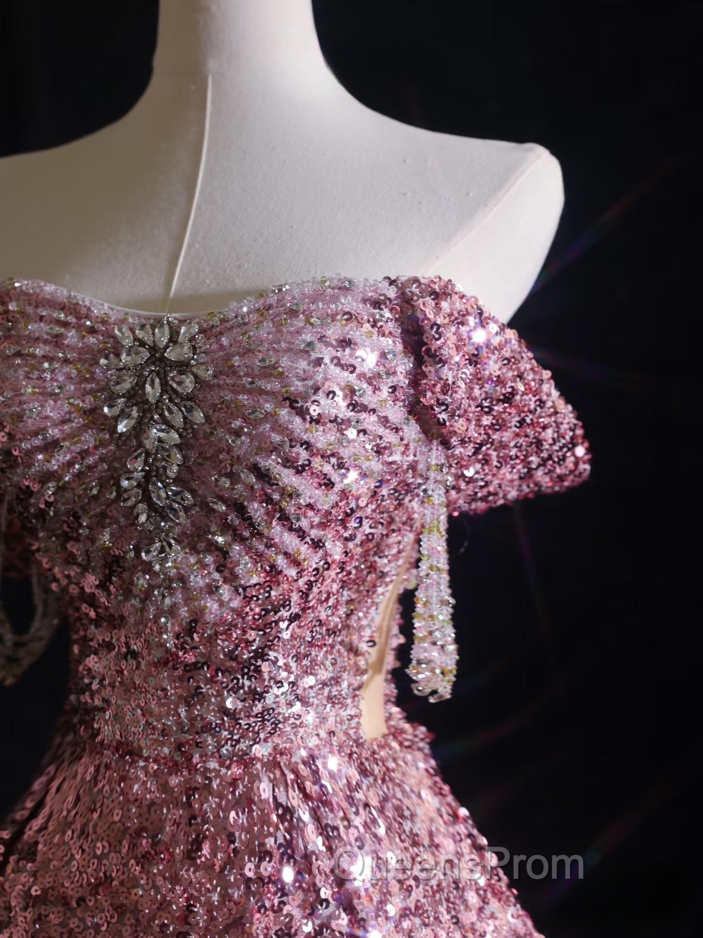 Pretty A Line Off The Shoulder Pink Sequin Long Evening Prom Dress Evening Gowns
