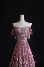 Pretty A Line Off The Shoulder Pink Sequin Long Evening Prom Dress Evening Gowns
