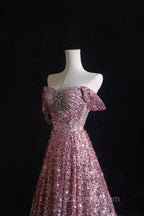 Pretty A Line Off The Shoulder Pink Sequin Long Evening Prom Dress Evening Gowns