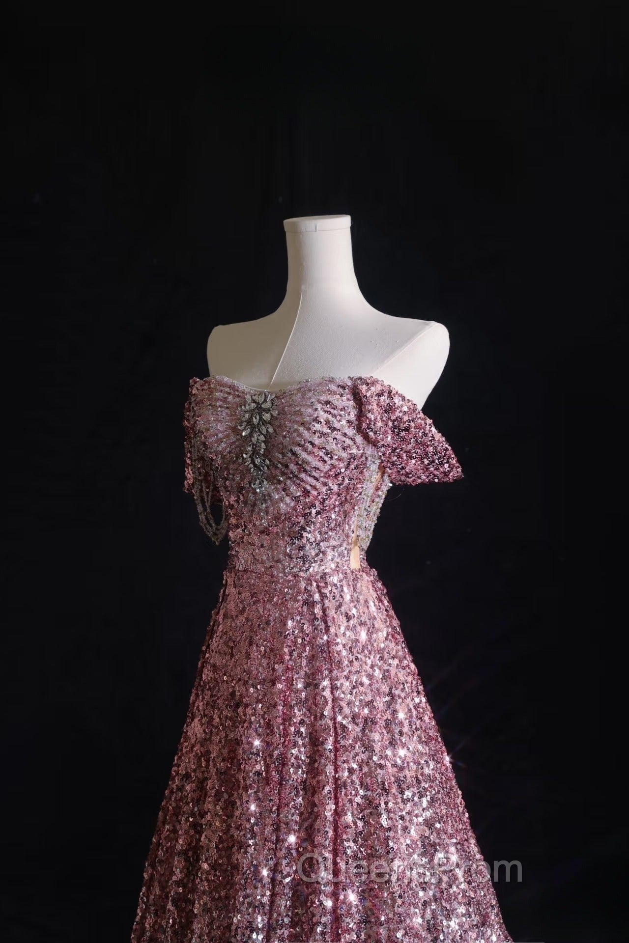 Pretty A Line Off The Shoulder Pink Sequin Long Evening Prom Dress Evening Gowns