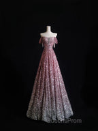 Pretty A Line Off The Shoulder Pink Sequin Long Evening Prom Dress Evening Gowns