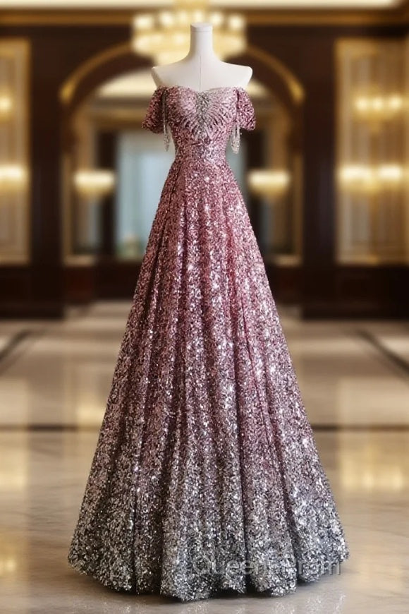 Pretty A Line Off The Shoulder Pink Sequin Long Evening Prom Dress Evening Gowns Main image