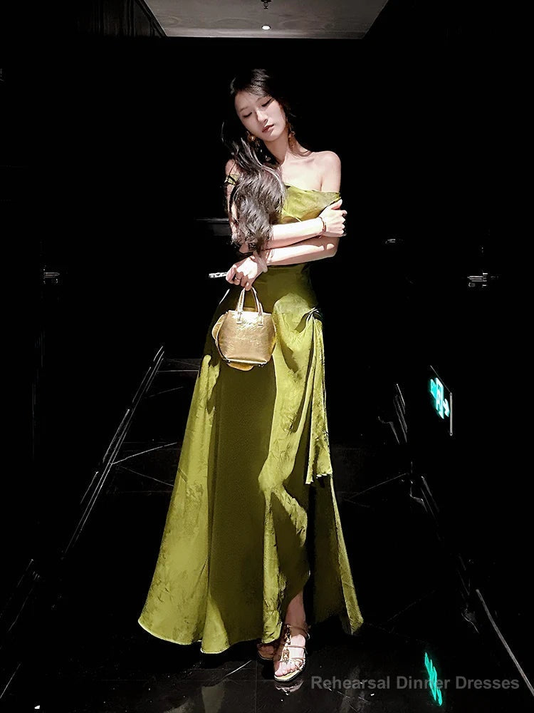 Pretty A line Off The Shoulder Satin Green Long Prom Dresses Satin Evening Gowns Main image