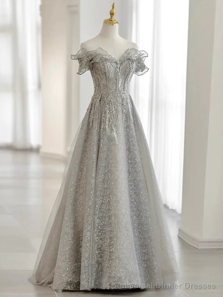 Pretty A line Off The Shoulder Sequin Long Evening Party Dress Prom Dresses