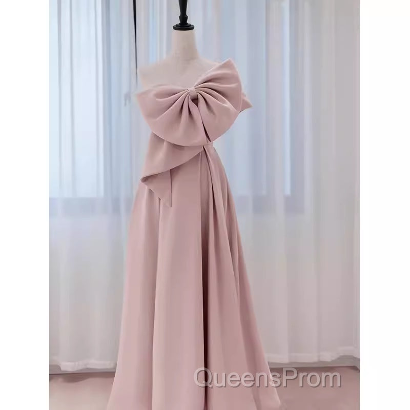 Pretty A Line One Shoulder Pink Satin Long Evening Party Dress Evening Prom Dress With Bowknot