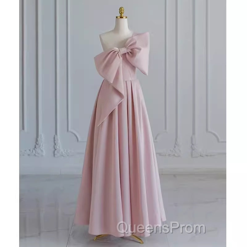 Pretty A Line One Shoulder Pink Satin Long Evening Party Dress Evening Prom Dress With Bowknot