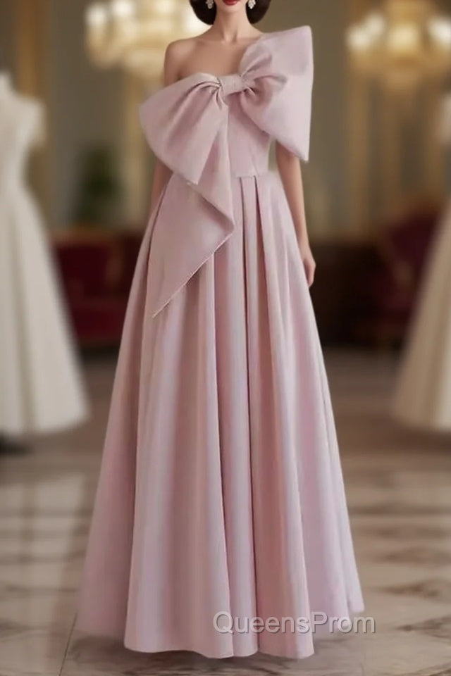 Pretty A Line One Shoulder Pink Satin Long Evening Party Dress Evening Prom Dress With Bowknot Main image