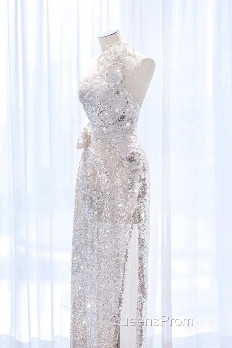 Pretty A Line One Shoulder Silver Sequin Long Length Evening Dress Evening Prom Dress