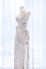 Pretty A Line One Shoulder Silver Sequin Long Length Evening Dress Evening Prom Dress