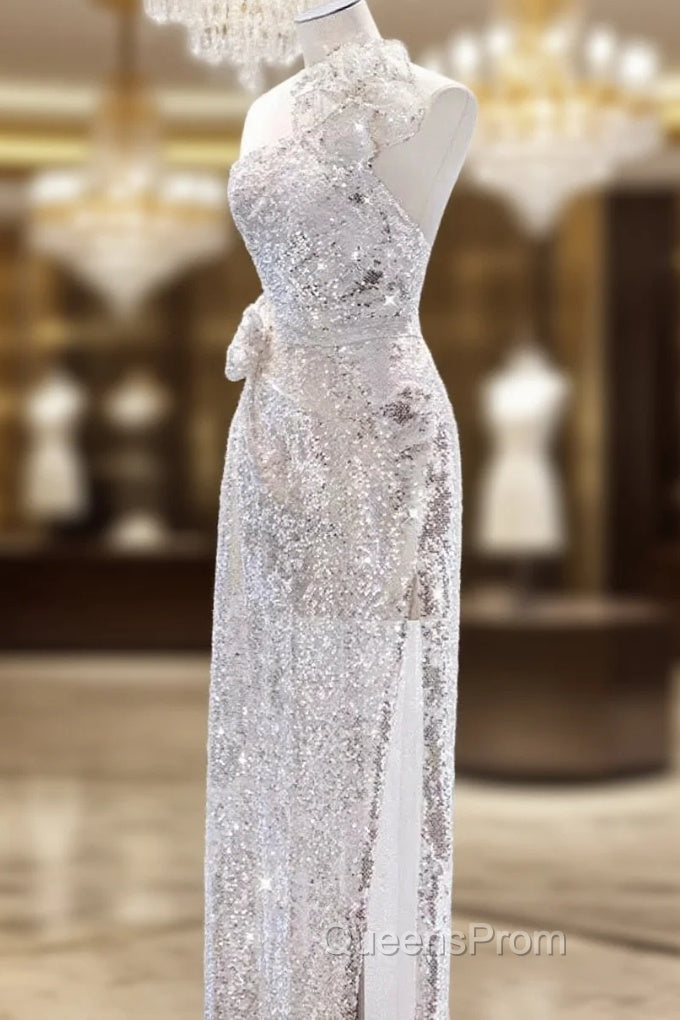 Pretty A Line One Shoulder Silver Sequin Long Length Evening Dress Evening Prom Dress Main image