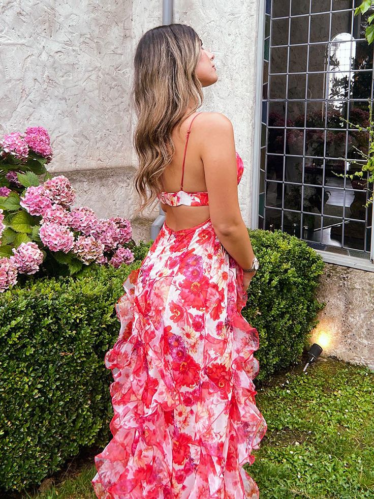 Pretty A Line Spaghetti Straps Floral Red Sleeveless Ruffles Classy Evening Classy Prom Dress Secondary image