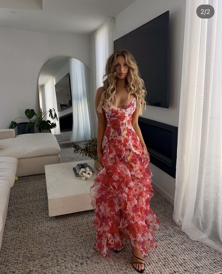 Pretty A Line Spaghetti Straps Floral Red Sleeveless Ruffles Classy Evening Classy Prom Dress Main image