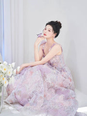 Pretty A Line Spaghetti Straps Pink Floral Long Length Evening Dress Evening Prom Dress