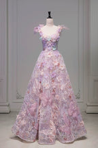 Pretty A Line Spaghetti Straps Pink Floral Long Length Evening Dress Evening Prom Dress