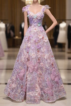 Pretty A Line Spaghetti Straps Pink Floral Long Length Evening Dress Evening Prom Dress