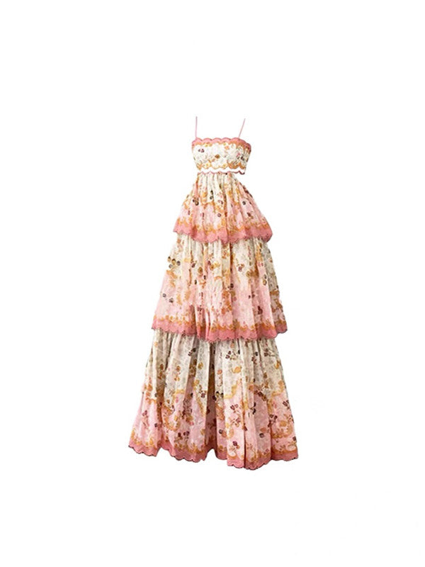 Pretty A Line Spaghetti Straps Pink Floral Ruffles Backless Long Classy Prom Dress Classy Evening Dress