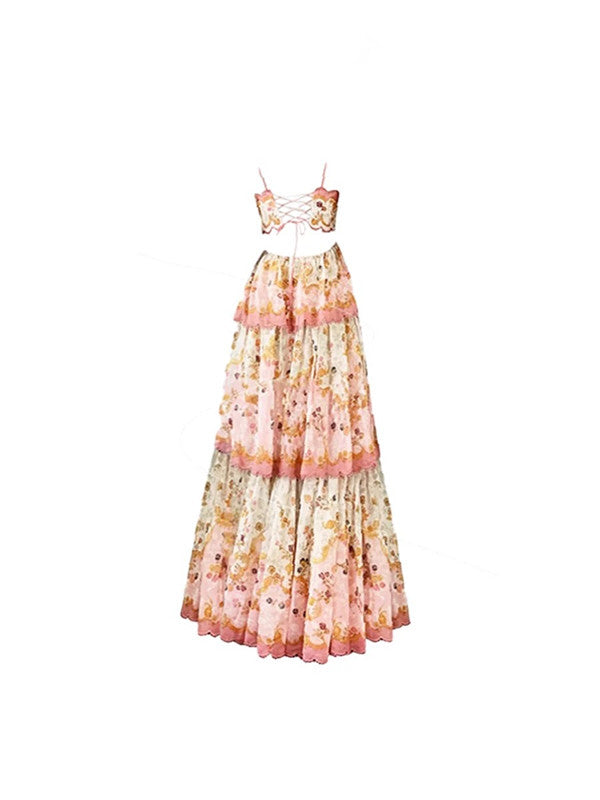 Pretty A Line Spaghetti Straps Pink Floral Ruffles Backless Long Classy Prom Dress Classy Evening Dress