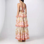 Pretty A Line Spaghetti Straps Pink Floral Ruffles Backless Long Classy Prom Dress Classy Evening Dress