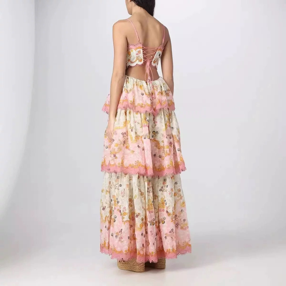 Pretty A Line Spaghetti Straps Pink Floral Ruffles Backless Long Classy Prom Dress Classy Evening Dress