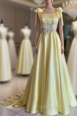 Pretty A Line Straps Satin Yellow Long Evening Prom Dress Formal Evening Dress