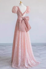 Pretty A Line Sweetheart Short Sleeves Long Evening Party Dress Pink Evening Prom Dress