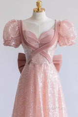 Pretty A Line Sweetheart Short Sleeves Long Evening Party Dress Pink Evening Prom Dress