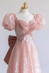 Pretty A Line Sweetheart Short Sleeves Long Evening Party Dress Pink Evening Prom Dress