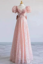 Pretty A Line Sweetheart Short Sleeves Long Evening Party Dress Pink Evening Prom Dress