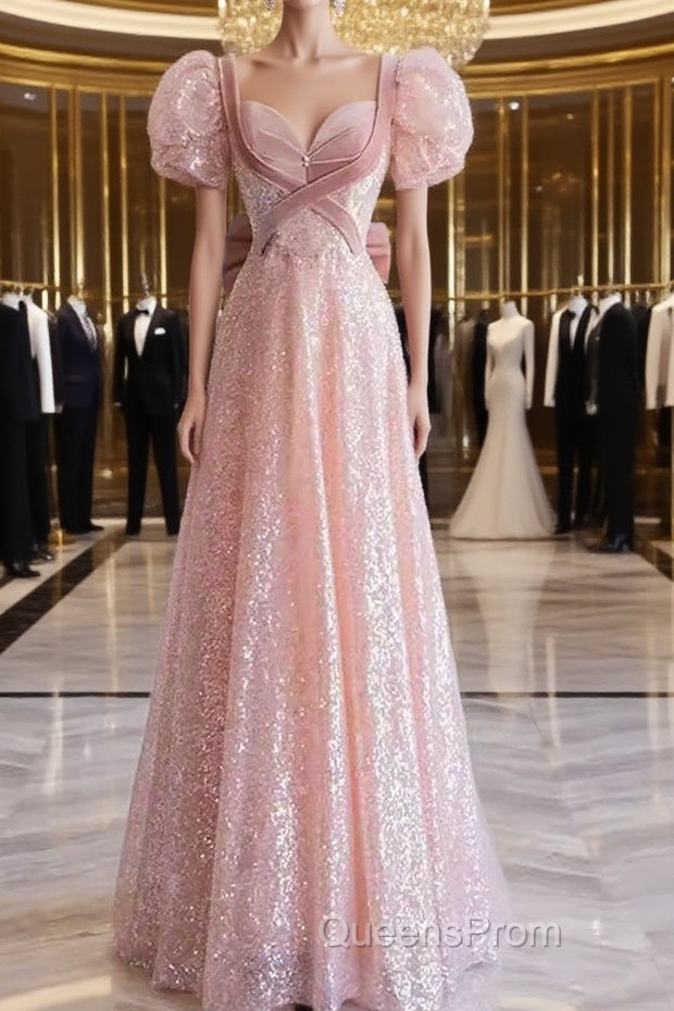 Pretty A Line Sweetheart Short Sleeves Long Evening Party Dress Pink Evening Prom Dress