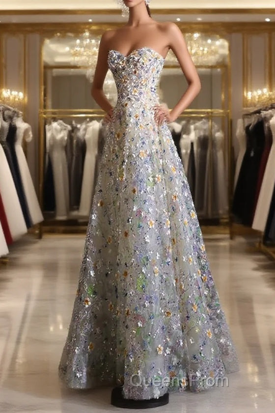Pretty A Line Sweetheart Tulle Floral Long Evening Prom Dress Evening Gowns Main image