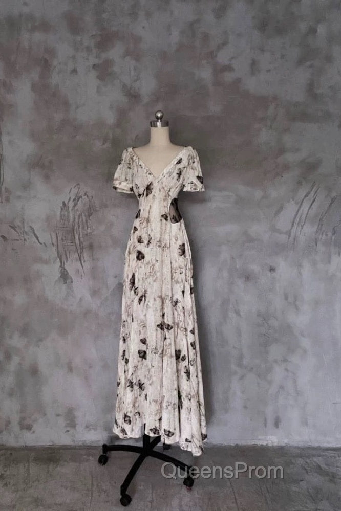 Pretty A Line V Neckline Floral Long Evening Prom Dress Birthday Dress For Women