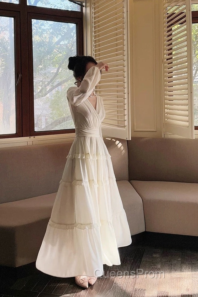 Pretty A Line V Neckline Long Sleeves Chiffon White Ankle Length Evening Dress Evening Prom Dress Secondary image