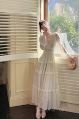 Pretty A Line V Neckline Long Sleeves Chiffon White Ankle Length Evening Dress Evening Prom Dress