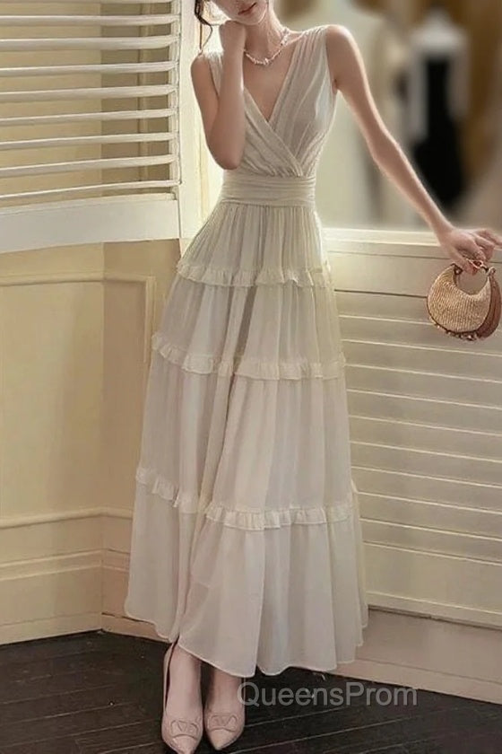Pretty A Line V Neckline Long Sleeves Chiffon White Ankle Length Evening Dress Evening Prom Dress Main image