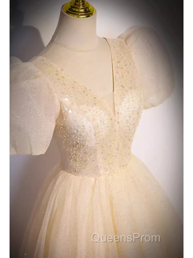 Pretty A Line V Neckline Short Sleeves Long Evening Party Dress Evening Prom Dress