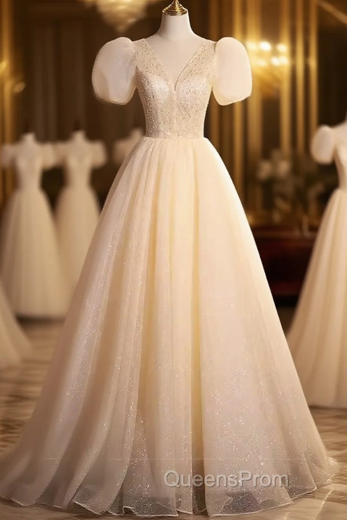 Pretty A Line V Neckline Short Sleeves Long Evening Party Dress Evening Prom Dress Main image