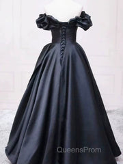 Pretty Ball Gown Off The Shoulder Black Satin Evening Prom Dress Evening Dress With Pleated
