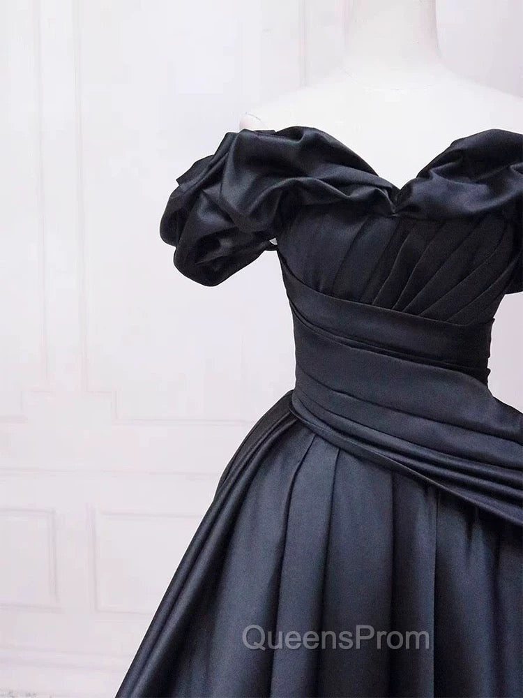 Pretty Ball Gown Off The Shoulder Black Satin Evening Prom Dress Evening Dress With Pleated