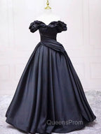 Pretty Ball Gown Off The Shoulder Black Satin Evening Prom Dress Evening Dress With Pleated