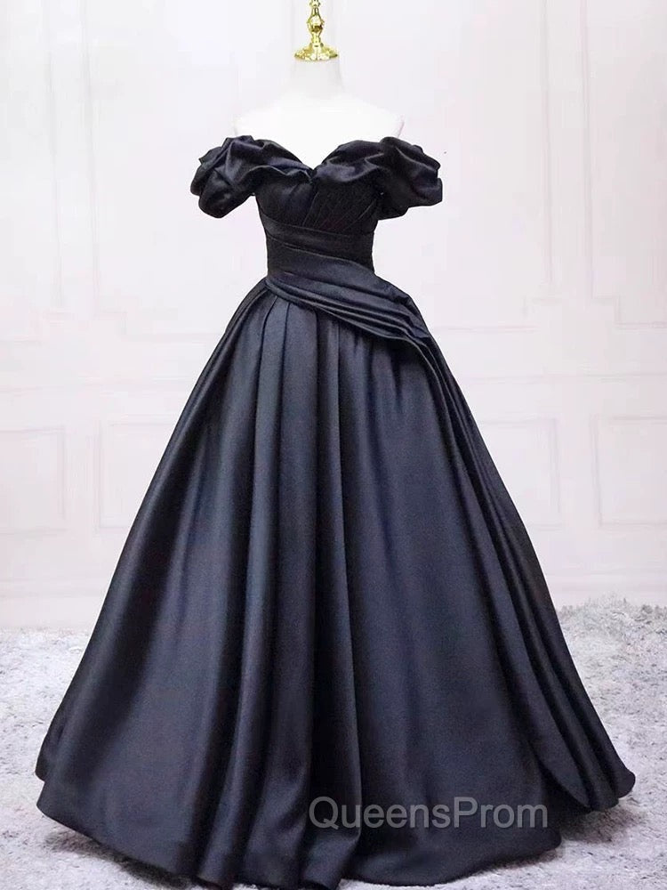 Pretty Ball Gown Off The Shoulder Black Satin Evening Prom Dress Evening Dress With Pleated