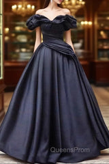 Pretty Ball Gown Off The Shoulder Black Satin Evening Prom Dress Evening Dress With Pleated