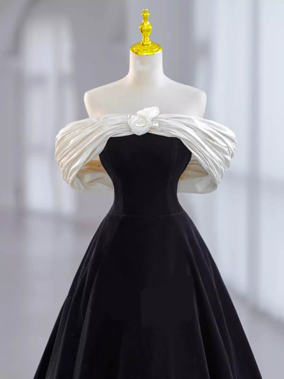Pretty Ball Gown Off The Shoulder Black Velvet Prom Dress Classy Prom Dress With Flower PD0043