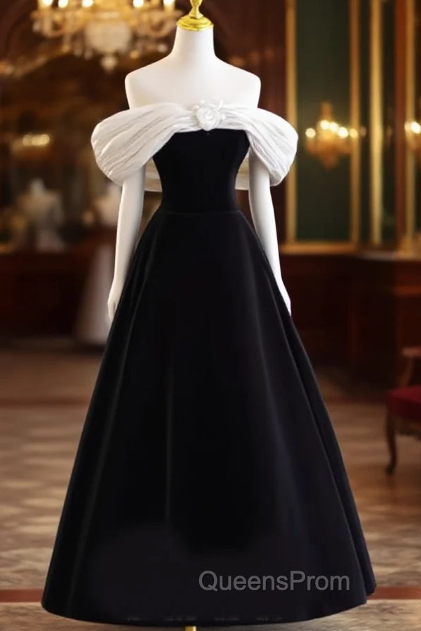 Pretty Ball Gown Off The Shoulder Black Velvet Evening Party Dress Evening Prom Dress With Flower