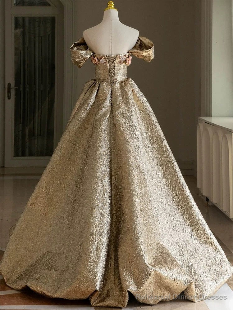 Pretty Ball Gown Off The Shoulder Gold Satin Long Ruffles Prom Dresses Sweet 16 Dresses Secondary image