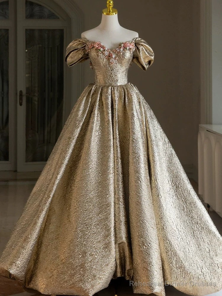 Pretty Ball Gown Off The Shoulder Gold Satin Long Ruffles Prom Dresses Sweet 16 Dresses Main image